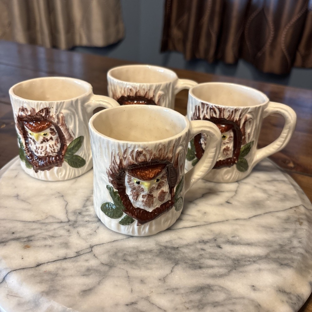 4pc VTG 70s MCM Otigiri Owl 3" Coffee Mug 3D Embossed Hand Painted Boho Bird